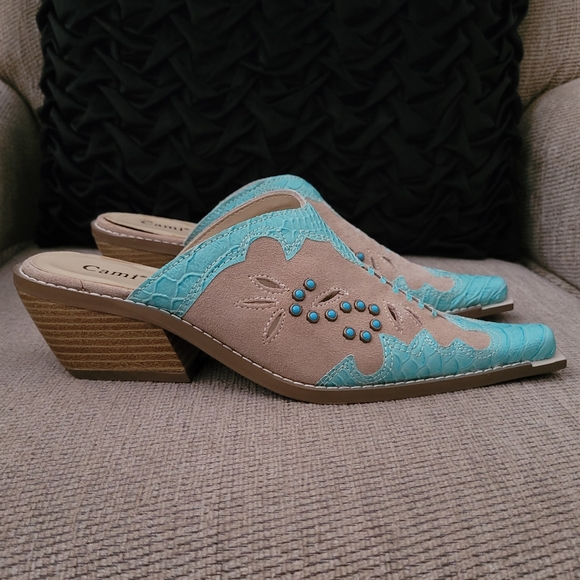 CAMI CAMEL TURQUOISE GENUINE LEATHER SOUTHWESTERN MULES - Picture 6 of 11